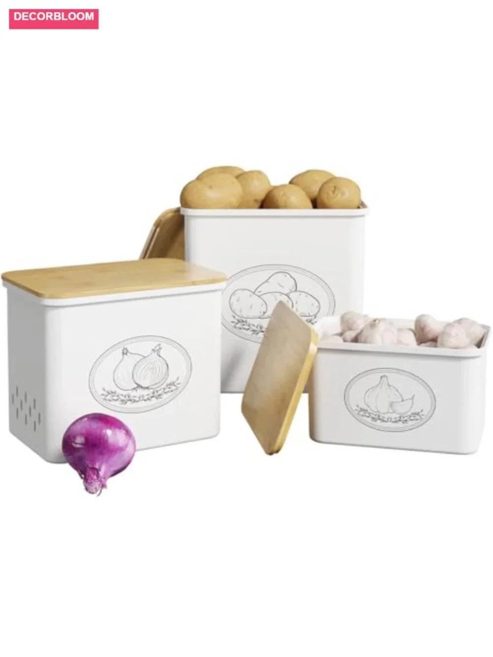 3-Piece Food Storage Bin Set with Bamboo Lids, Stackable Produce Organizer,